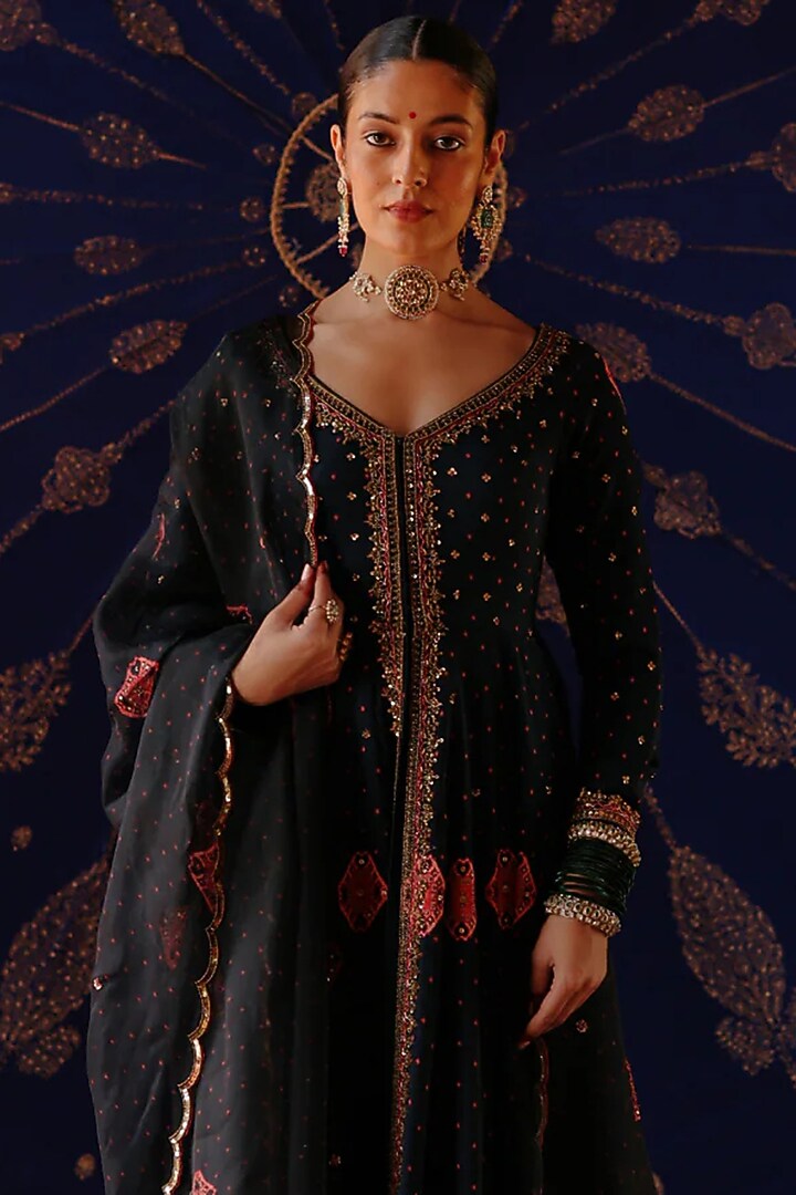 Blue Chanderi & Organza Printed Wedding Anarkali Set by Jigar Mali at Pernia's Pop Up Shop