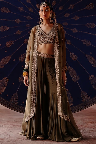 Olive Green Chanderi & Organza Hand Embroidered Cape Set by Jigar Mali