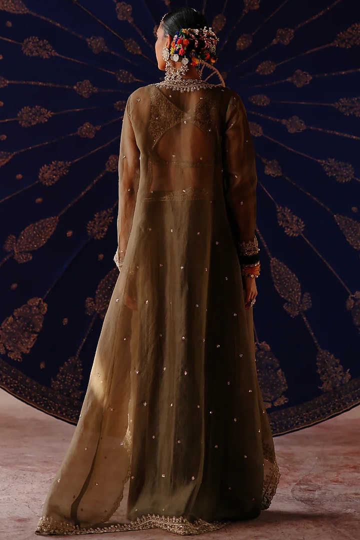 Olive Green Chanderi & Organza Hand Embroidered Cape Set by Jigar Mali at Pernia's Pop Up Shop
