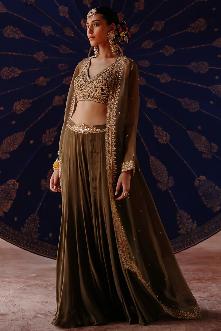 Olive Green Chanderi & Organza Hand Embroidered Cape Set by Jigar Mali at Pernia's Pop Up Shop