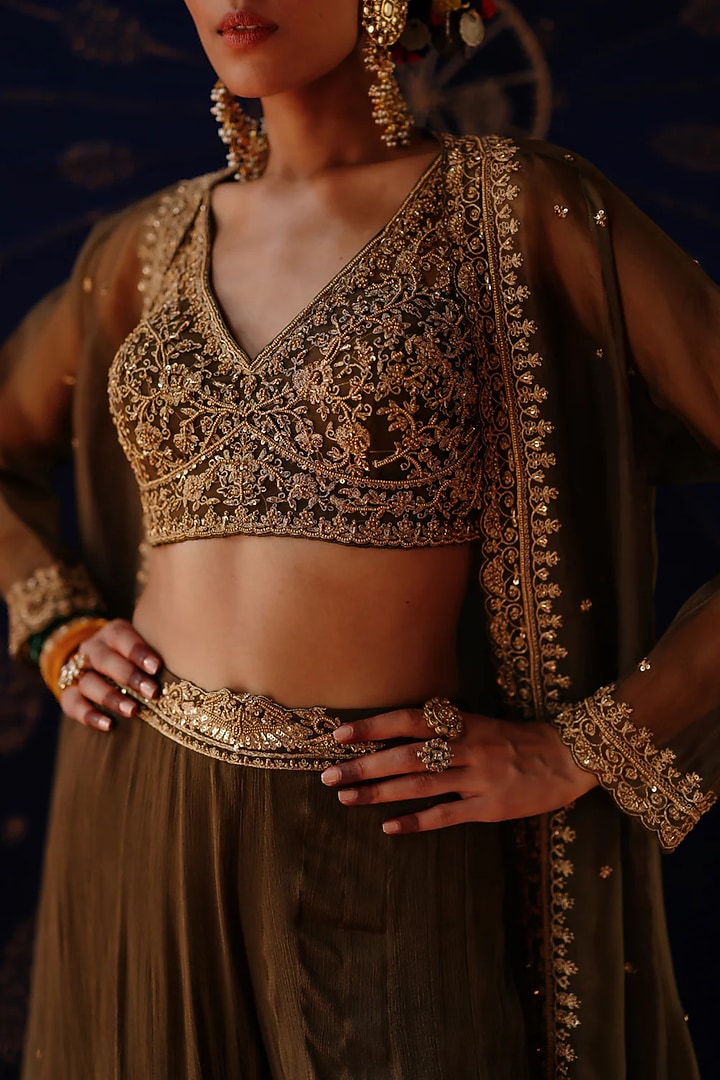 Olive Green Chanderi & Organza Hand Embroidered Cape Set by Jigar Mali at Pernia's Pop Up Shop