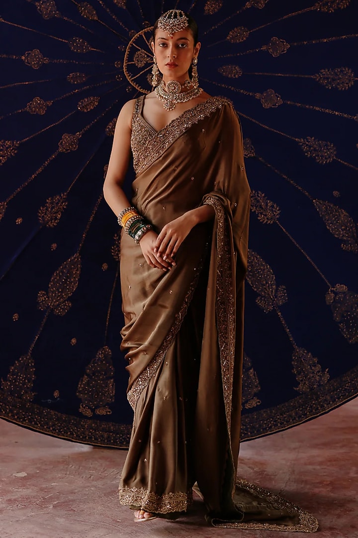 Olive Green Chanderi & Organza Hand Embroidered Wedding Saree Set by Jigar Mali at Pernia's Pop Up Shop