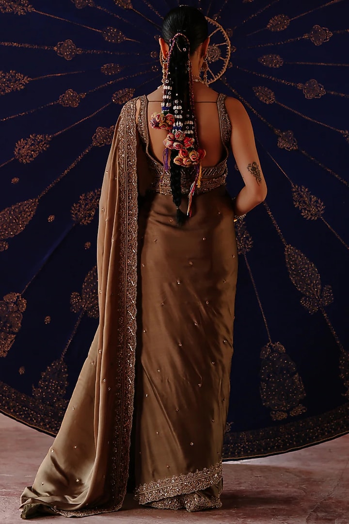 Olive Green Chanderi & Organza Hand Embroidered Wedding Saree Set by Jigar Mali at Pernia's Pop Up Shop