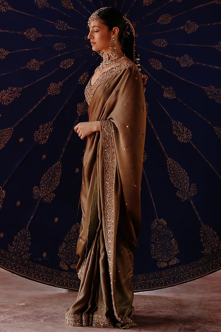 Olive Green Chanderi & Organza Hand Embroidered Wedding Saree Set by Jigar Mali at Pernia's Pop Up Shop
