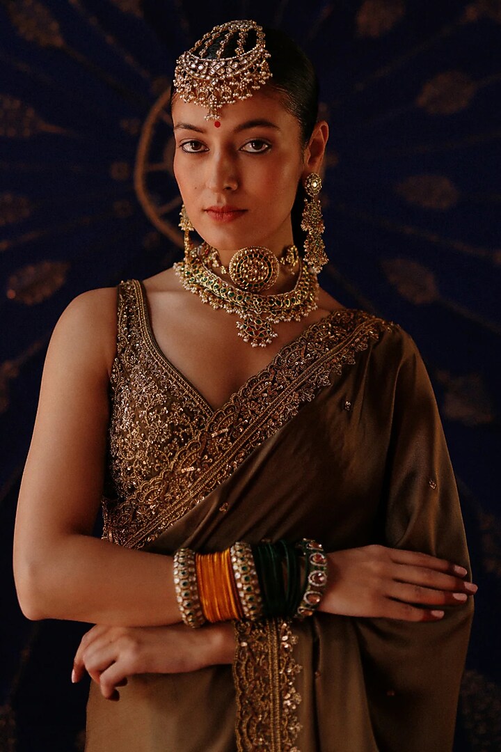 Olive Green Chanderi & Organza Hand Embroidered Wedding Saree Set by Jigar Mali at Pernia's Pop Up Shop