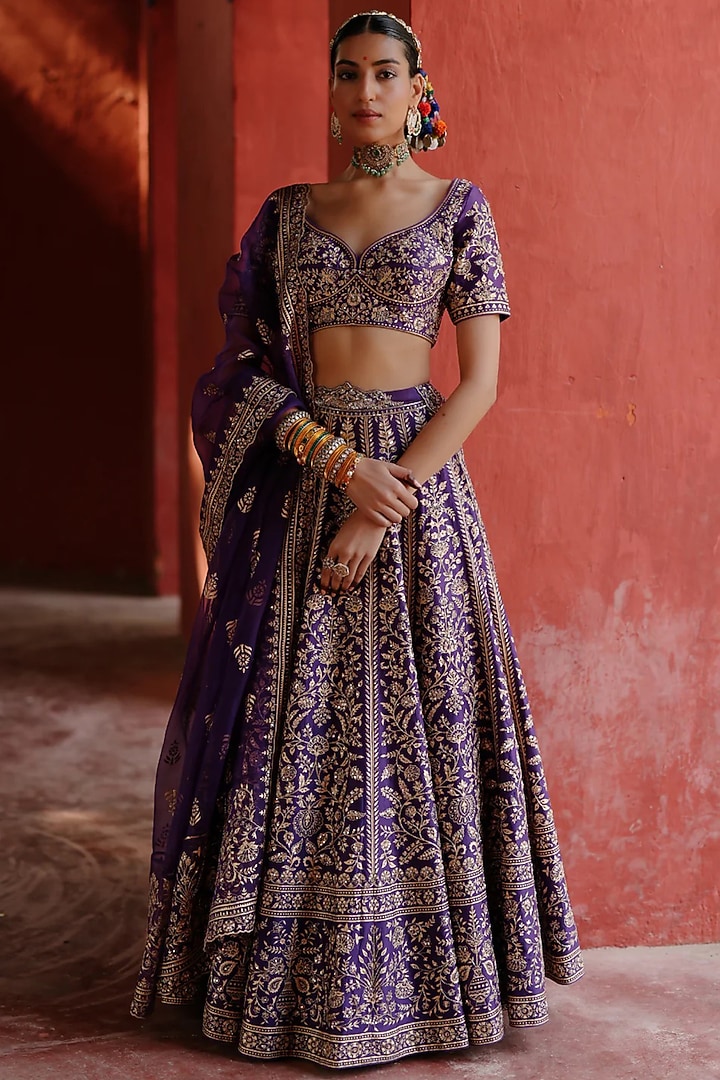 Purple Chanderi & Organza Hand Embroidered Wedding Lehenga Set by Jigar Mali at Pernia's Pop Up Shop