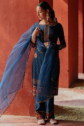 Blue Chanderi & Organza Printed Kurta Set by Jigar Mali