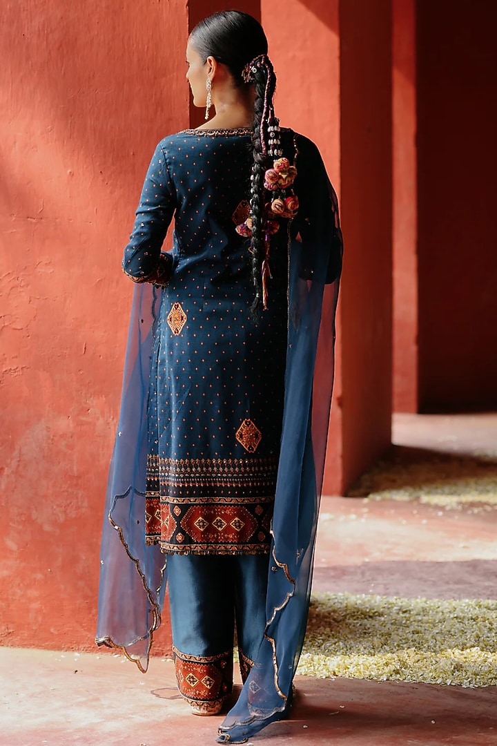 Blue Chanderi & Organza Printed Kurta Set by Jigar Mali at Pernia's Pop Up Shop