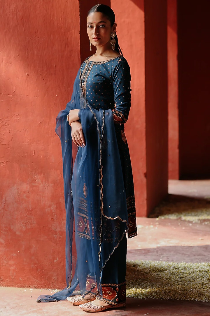Blue Chanderi & Organza Printed Kurta Set by Jigar Mali at Pernia's Pop Up Shop