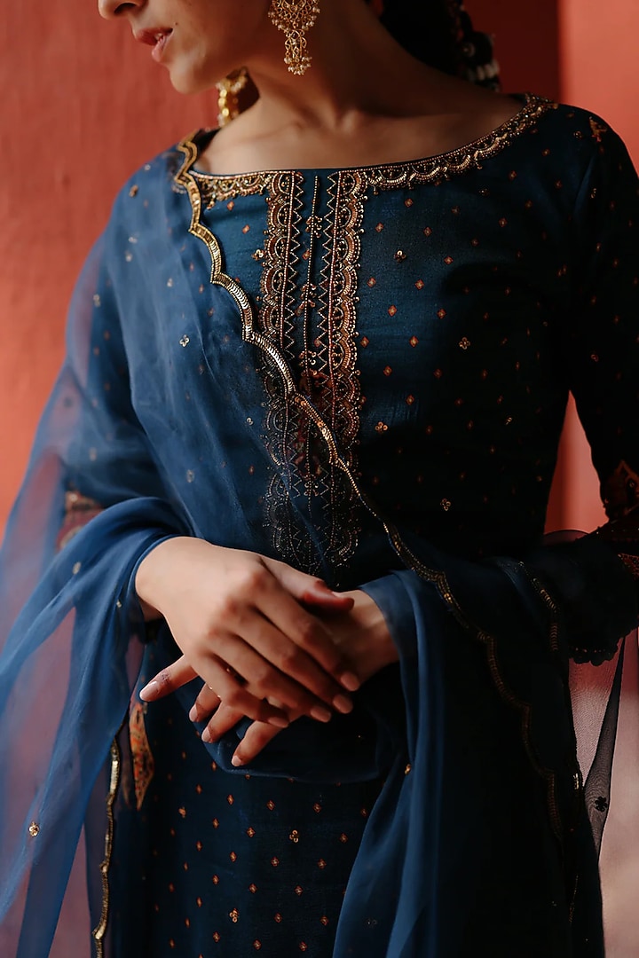 Blue Chanderi & Organza Printed Kurta Set by Jigar Mali at Pernia's Pop Up Shop