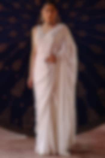 Ivory Satin Georgette Embroidered Wedding Saree Set by Jigar Mali at Pernia's Pop Up Shop