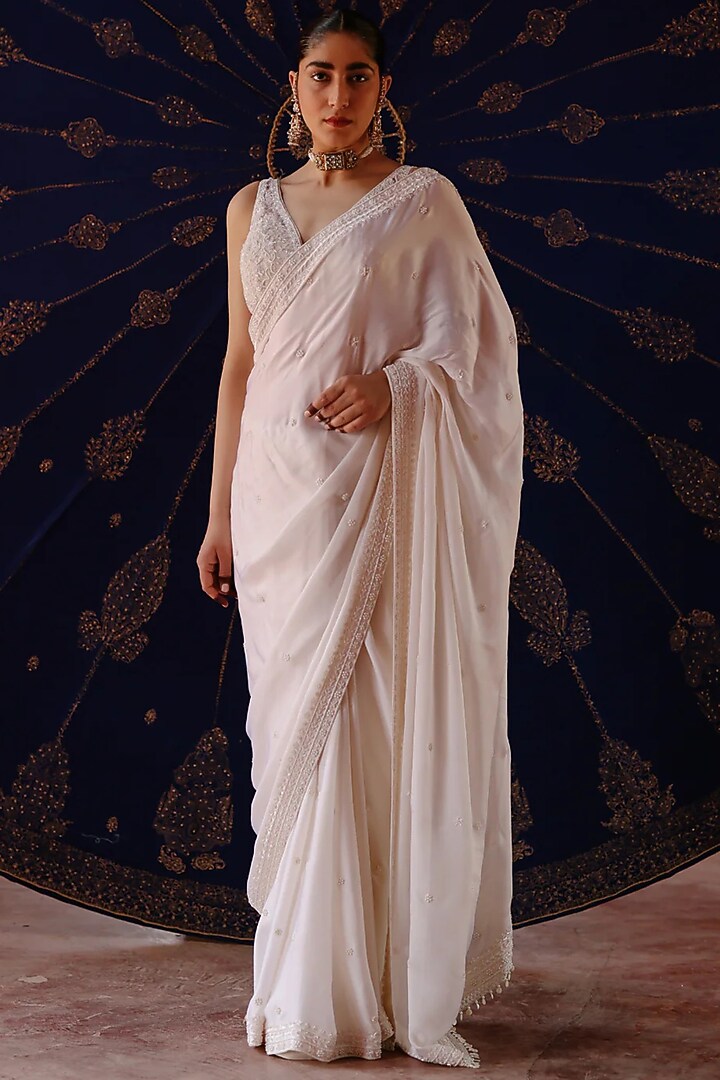 Ivory Satin Georgette Embroidered Wedding Saree Set by Jigar Mali at Pernia's Pop Up Shop