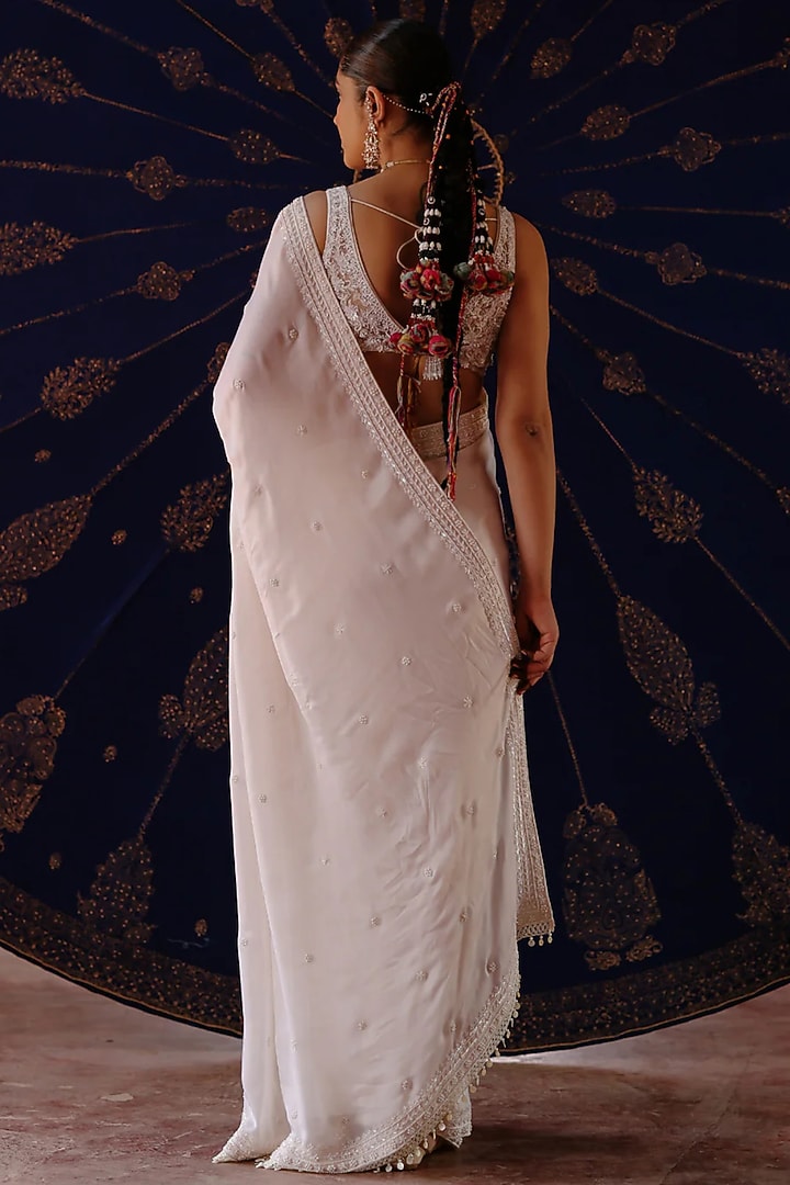 Ivory Satin Georgette Embroidered Wedding Saree Set by Jigar Mali at Pernia's Pop Up Shop