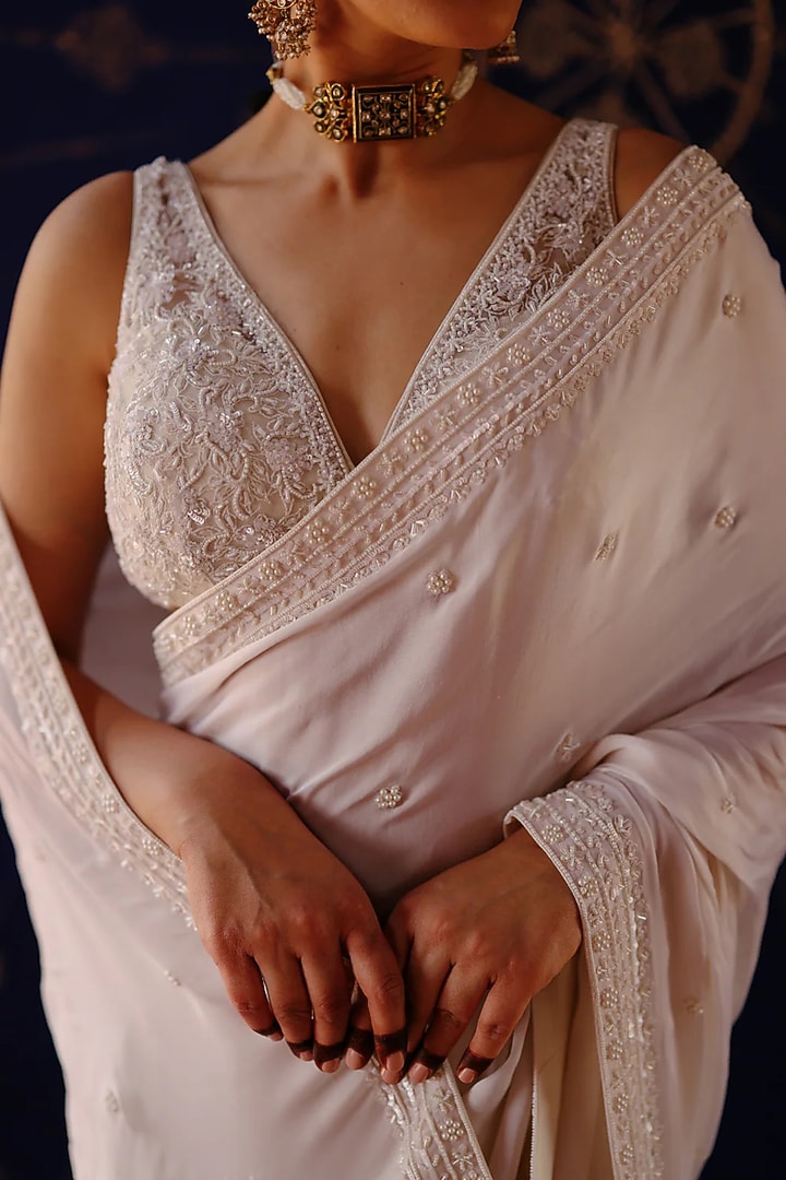 Ivory Satin Georgette Embroidered Wedding Saree Set by Jigar Mali at Pernia's Pop Up Shop