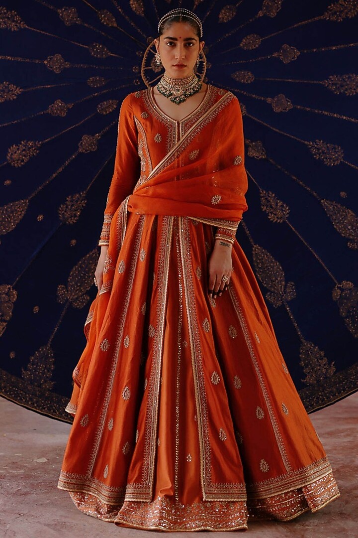Rust Orange Silk Hand Embroidered Jacket Bridal Lehenga Set by Jigar Mali at Pernia's Pop Up Shop