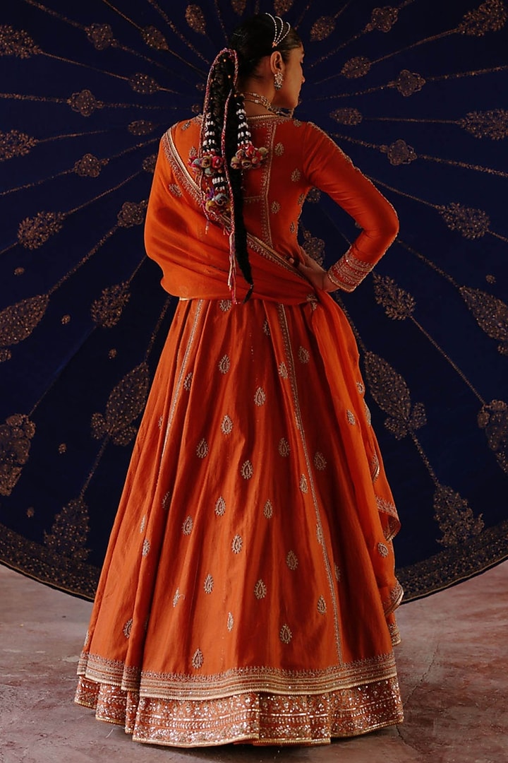 Rust Orange Silk Hand Embroidered Jacket Bridal Lehenga Set by Jigar Mali at Pernia's Pop Up Shop