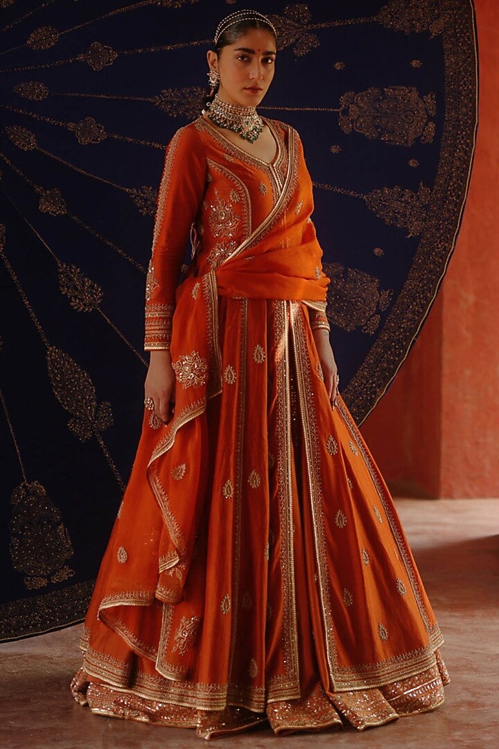 Rust Orange Silk Hand Embroidered Jacket Bridal Lehenga Set by Jigar Mali at Pernia's Pop Up Shop