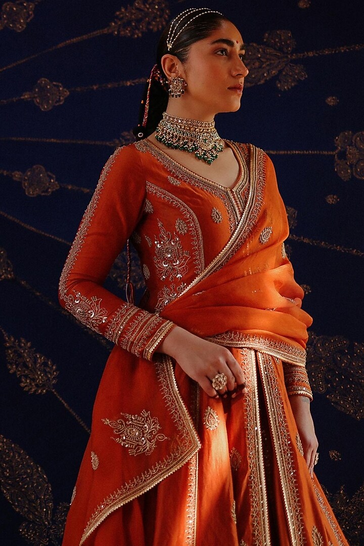Rust Orange Silk Hand Embroidered Jacket Bridal Lehenga Set by Jigar Mali at Pernia's Pop Up Shop