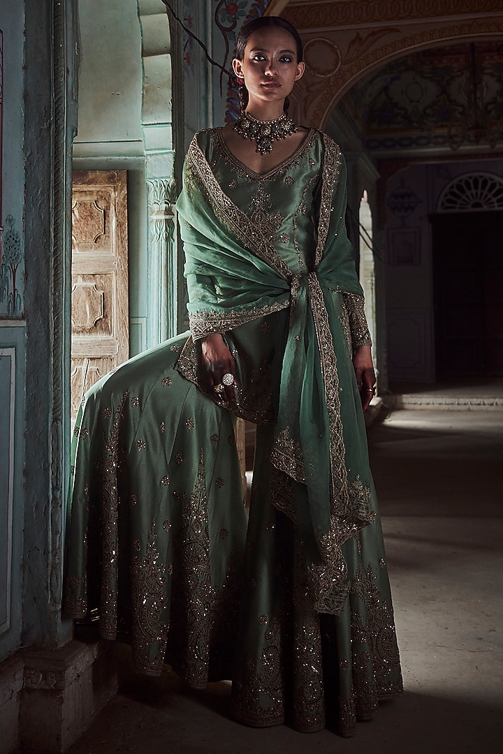 Sage Green Chanderi Silk Dori Embroidered Sharara Set by Jigar Mali
