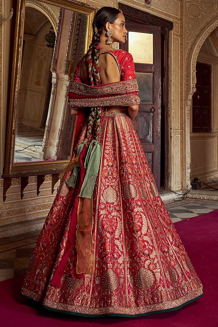 Red Banarasi Golden Zari Hand Embroidered Bridal Lehenga Set by Jigar Mali at Pernia's Pop Up Shop