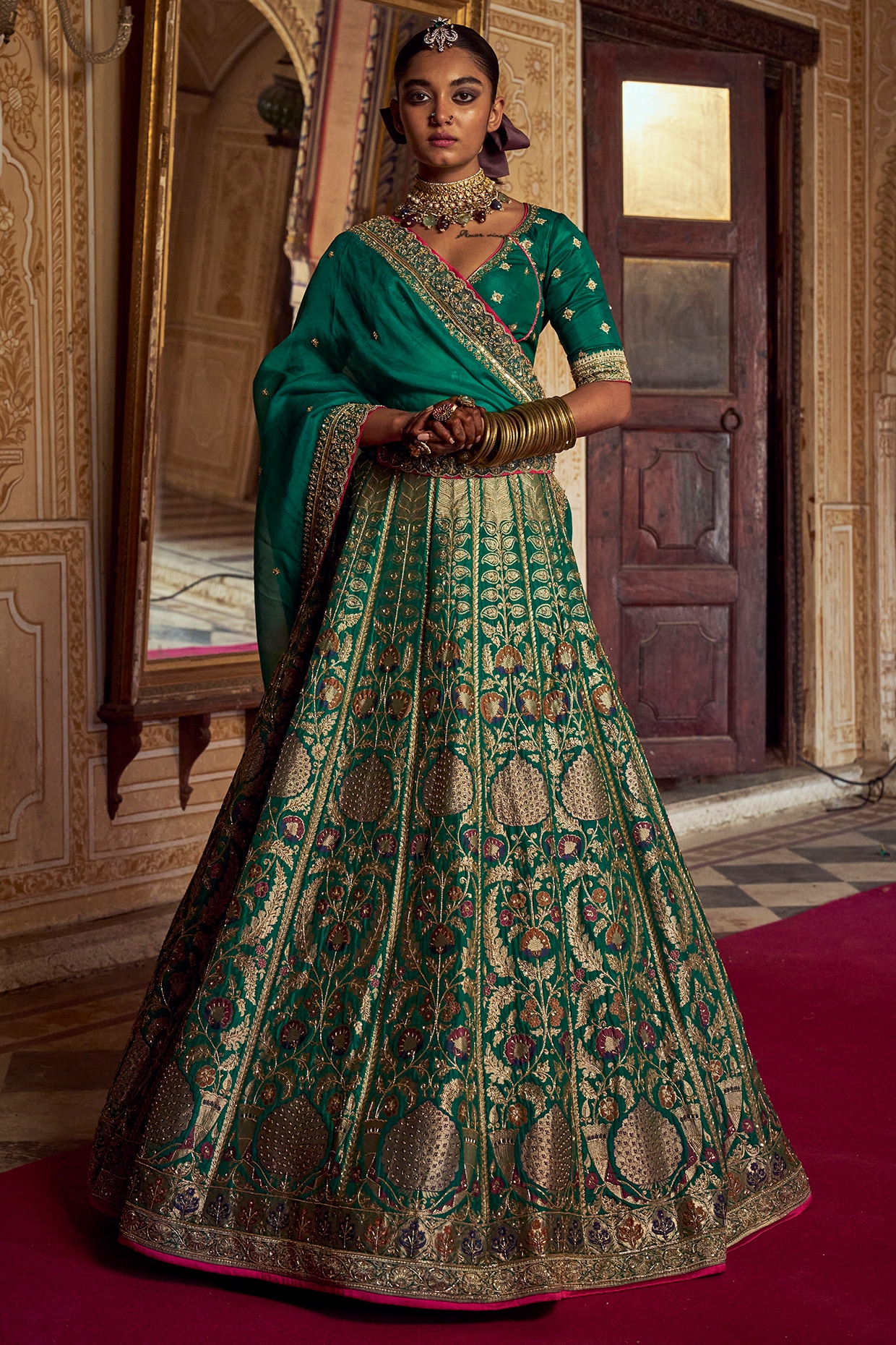 Green Banarasi Golden Zari Hand Embroidered Bridal Lehenga Set by Jigar Mali at Pernia s Pop Up Shop 2024