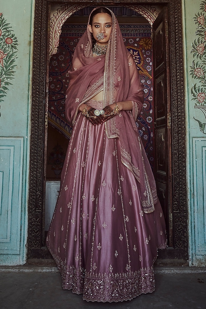 Lilac Chanderi Silk Aari & Dori Hand Embroidered Lehenga Set by Jigar Mali
