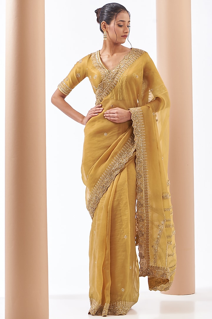 Mustard Organza Embroidered Saree Set by Jigar Mali at Pernia's Pop Up Shop