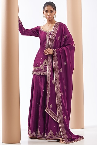 Wine Raw Silk Embroidered Sharara Set by Jigar Mali