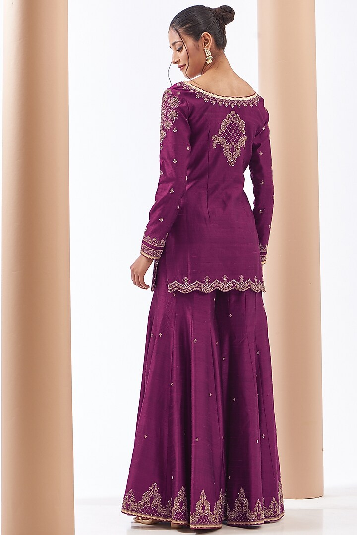 Wine Raw Silk Embroidered Bridal Sharara Set by Jigar Mali at Pernia's Pop Up Shop