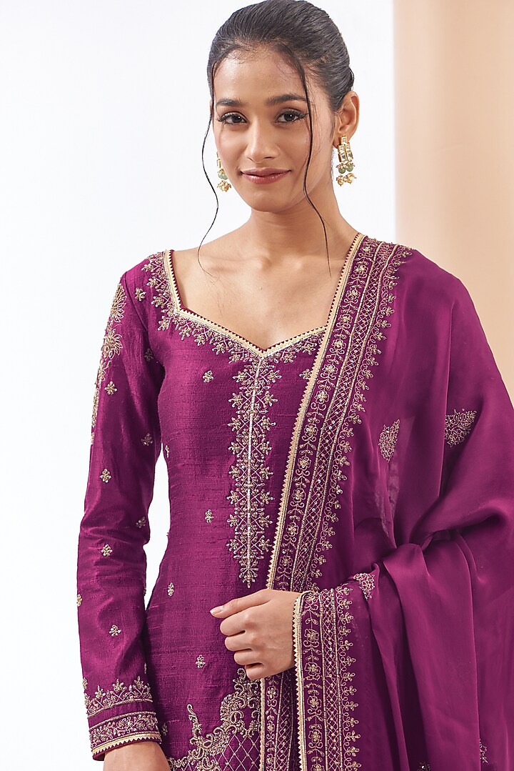 Wine Raw Silk Embroidered Bridal Sharara Set by Jigar Mali at Pernia's Pop Up Shop