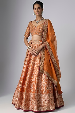 Orange Chiniya Silk Banarasi Lehenga Set by Jigar Mali