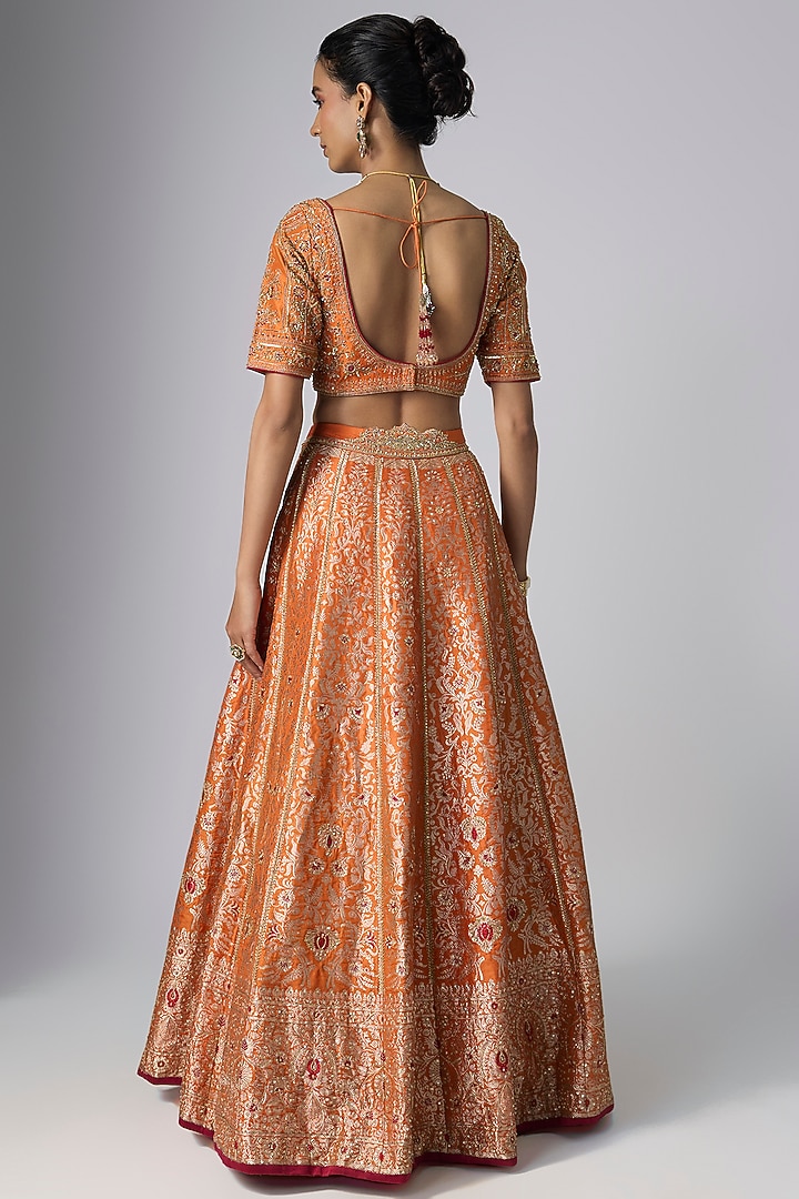 Orange Chiniya Silk Banarasi Bridal Lehenga Set by Jigar Mali at Pernia's Pop Up Shop
