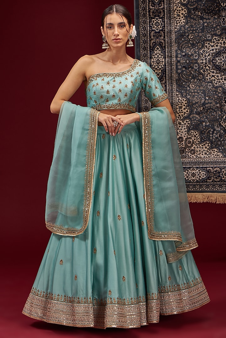 Aqua Chanderi Embroidered Wedding Lehenga Set by Jigar Mali at Pernia's Pop Up Shop