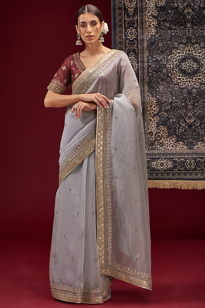 Grey Organza Embroidered Saree Set by Jigar Mali at Pernia's Pop Up Shop