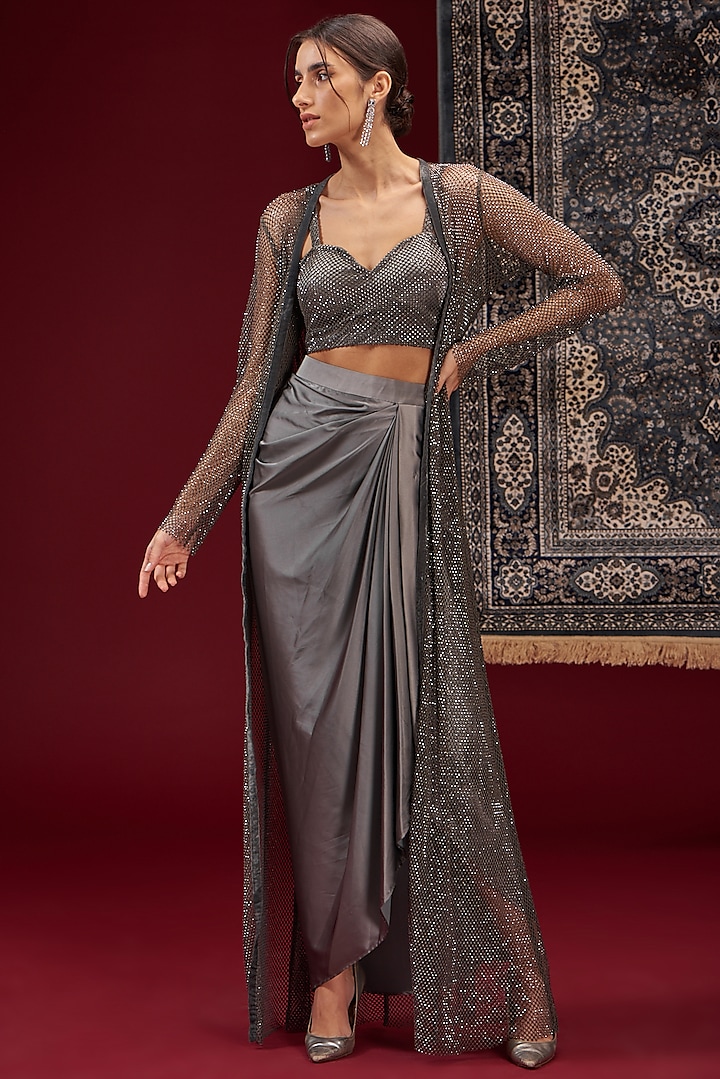 Grey Net Embroidered Jacket Set by Jigar Mali