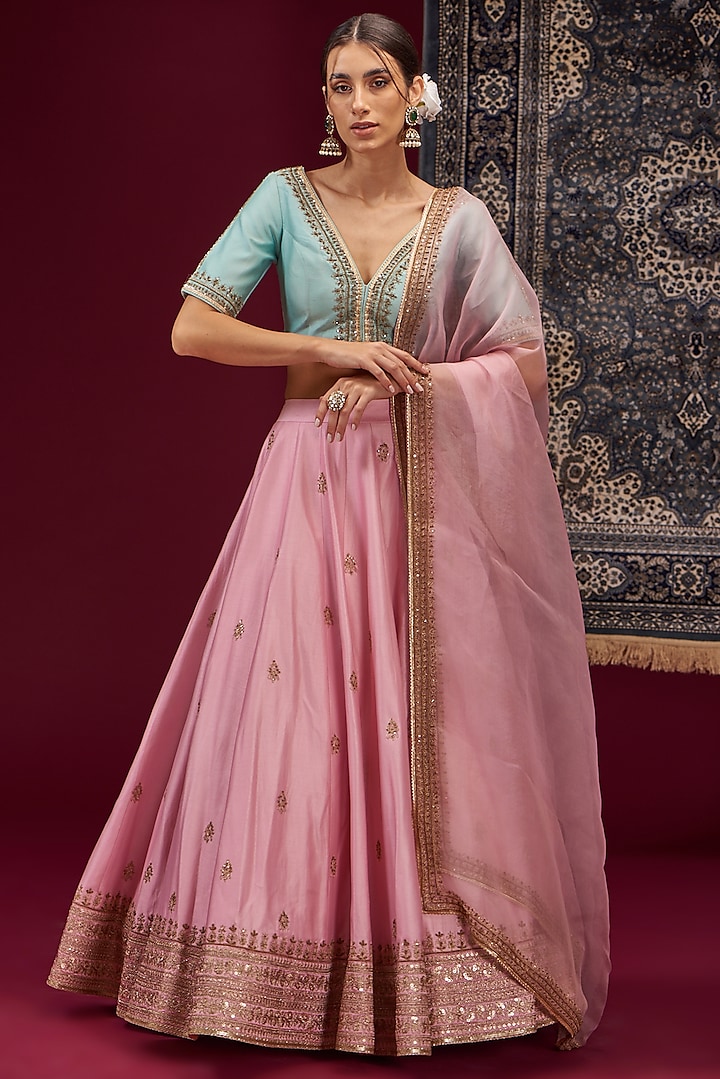 Baby Pink Chanderi Silk Embroidered Wedding Lehenga Set by Jigar Mali at Pernia's Pop Up Shop