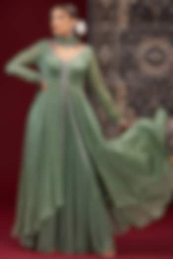 Sage Chinnon Chiffon Embroidered Jacket Set by Jigar Mali at Pernia's Pop Up Shop