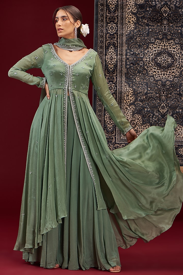 Sage Chinnon Chiffon Embroidered Jacket Set by Jigar Mali at Pernia's Pop Up Shop