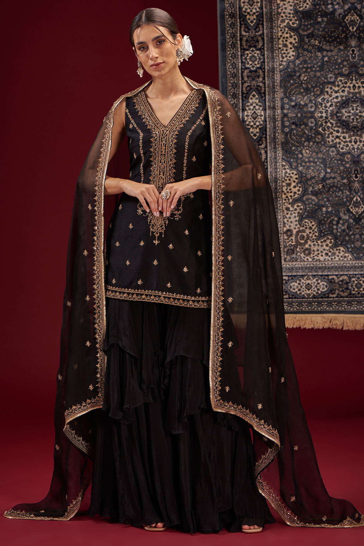 Black Chinnon Chiffon Wedding Sharara Set by Jigar Mali at Pernia's Pop Up Shop