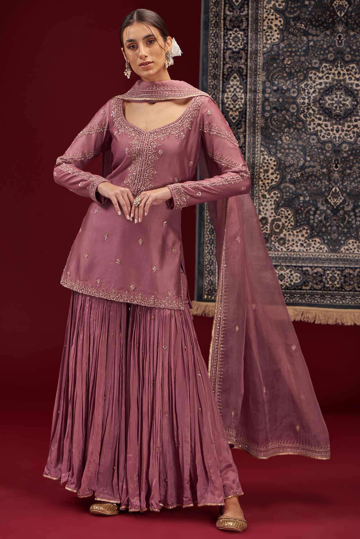 Aurora Pink Chinnon Chiffon Wedding Sharara Set by Jigar Mali at Pernia's Pop Up Shop