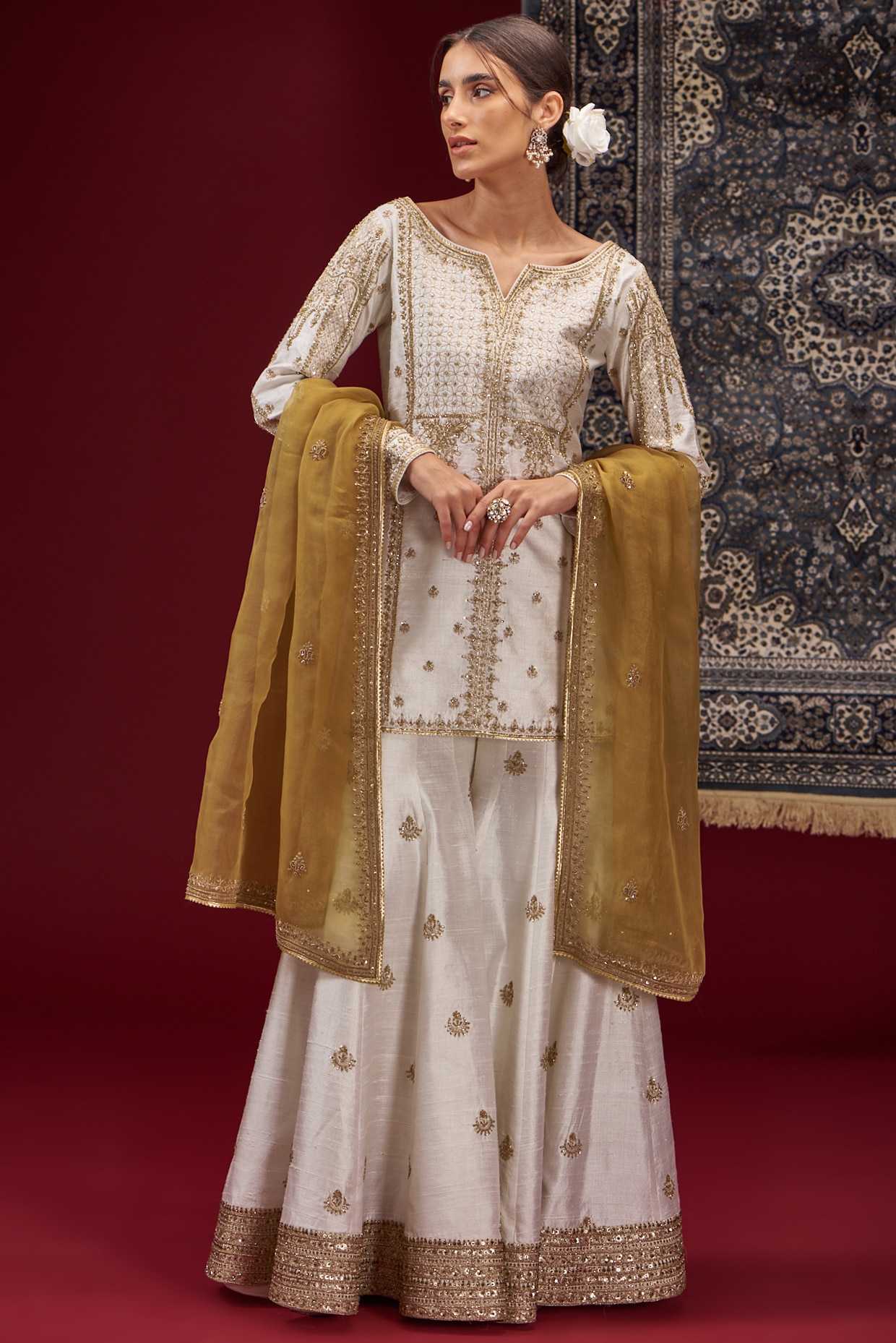 Off-White Raw Silk Embroidered Sharara Set by Jigar Mali at