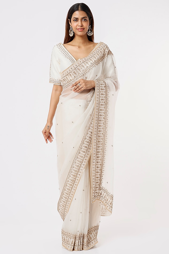 Pearl White Embroidered Saree Set by Jigar Mali