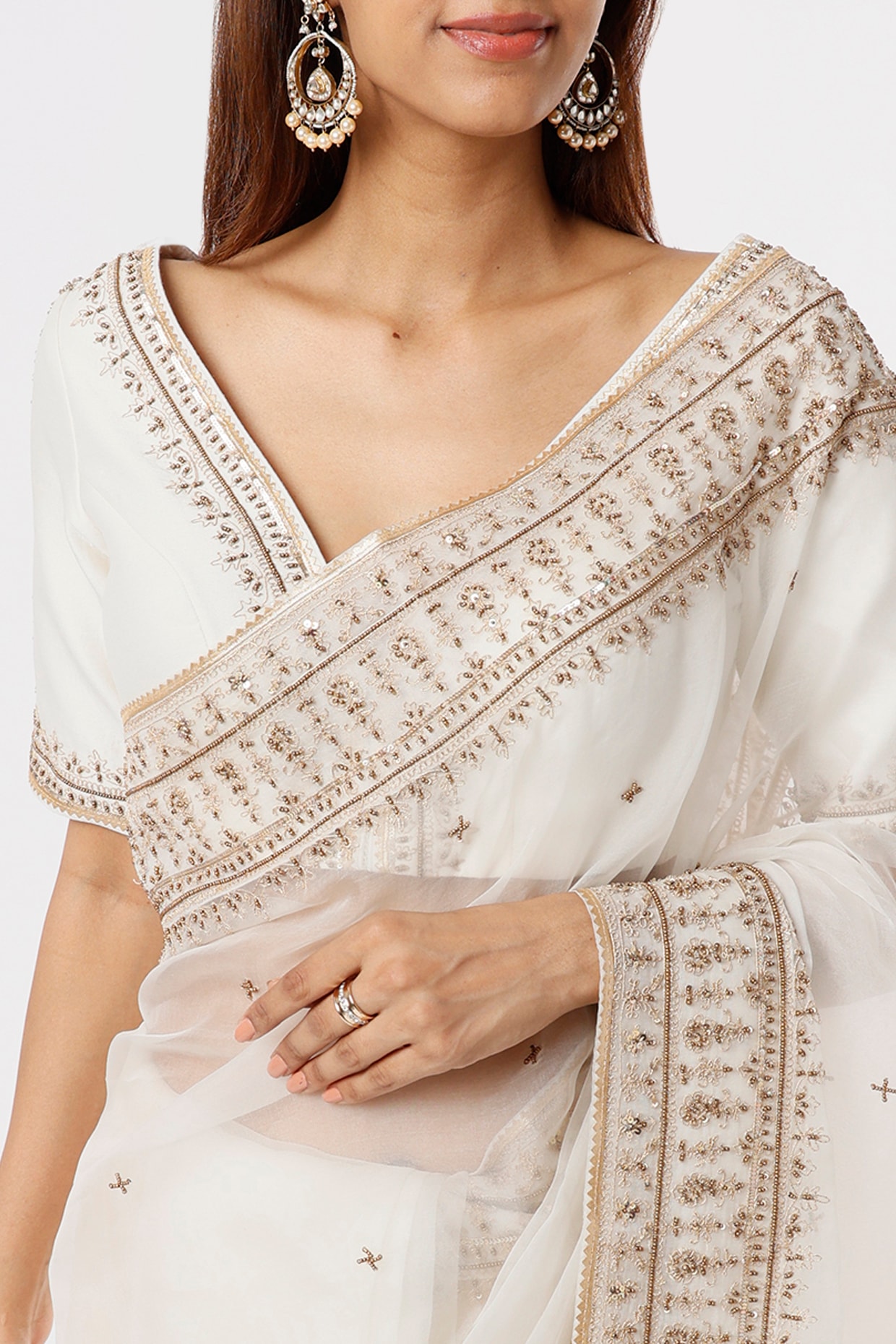 White Soft Mono Net Fancy Sequence Work Saree With Blouse