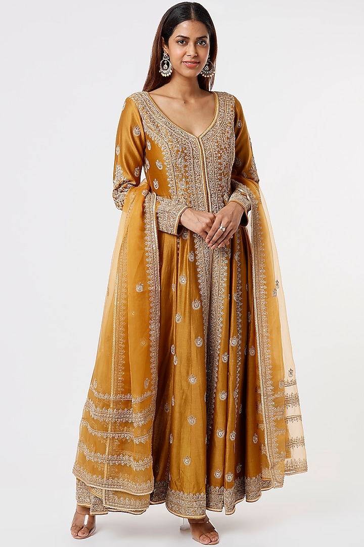 Mustard Embroidered Jacket Set by Jigar Mali