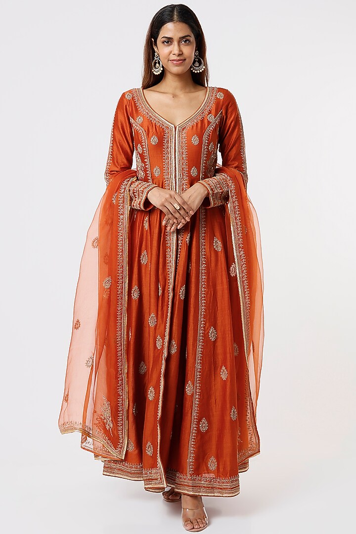 Burnt Orange Embroidered Jacket Set by Jigar Mali at Pernia's Pop Up Shop