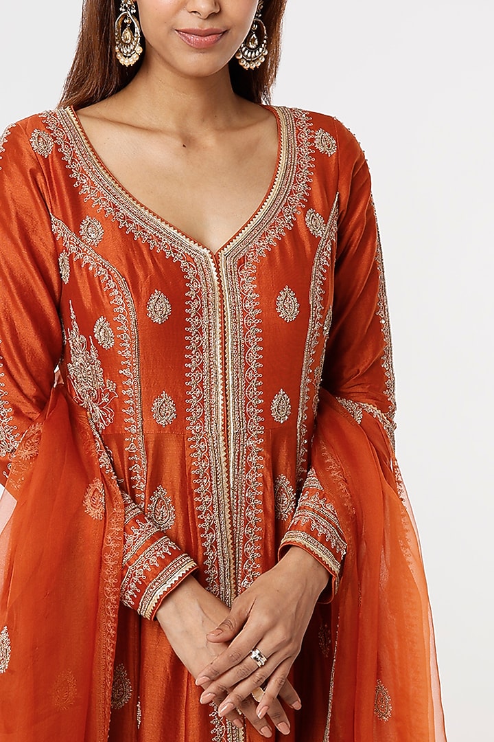 Burnt Orange Embroidered Jacket Set by Jigar Mali at Pernia's Pop Up Shop