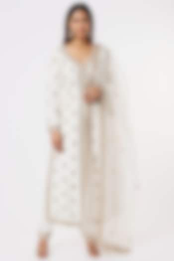 Pearl White Embroidered Jacket Set by Jigar Mali