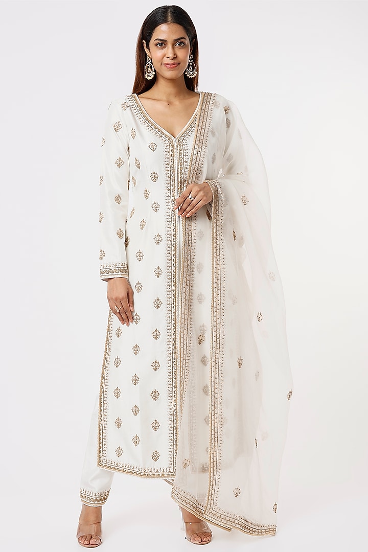 Pearl White Embroidered Jacket Set by Jigar Mali