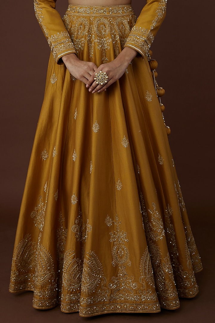 Mustard Embroidered Wedding Lehenga Set by Jigar Mali at Pernia's Pop Up Shop