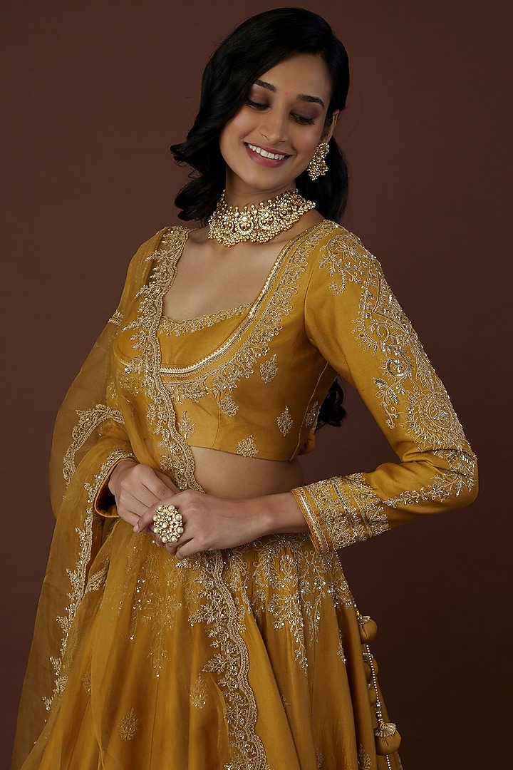 Mustard Embroidered Wedding Lehenga Set by Jigar Mali at Pernia's Pop Up Shop